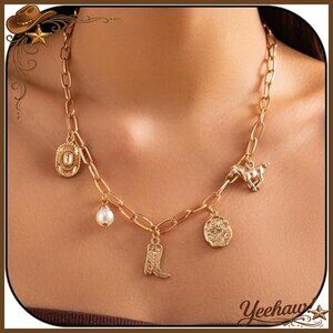 Western Cowgirl Boot Charm Necklace Adjustable Chain Vintage Style